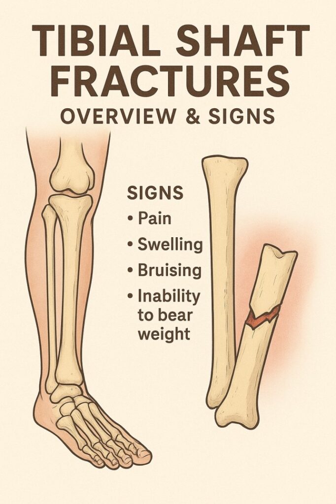 Signs & Symptoms of Tibial Shaft Fractures Recognizing the signs early can prevent complications. Common symptoms include: Sharp pain in the shin Visible deformity of the leg Bruising and swelling around the shin Inability to bear weight on the affected leg If you notice these symptoms after trauma, immediate medical evaluation is essential. Why Tibial Shaft Fractures Are Serious The tibia is crucial for mobility and weight-bearing. A fracture can significantly impact daily life and independence. Misdiagnosis or delayed treatment may lead to complications such as malunion, chronic pain, or reduced mobility.