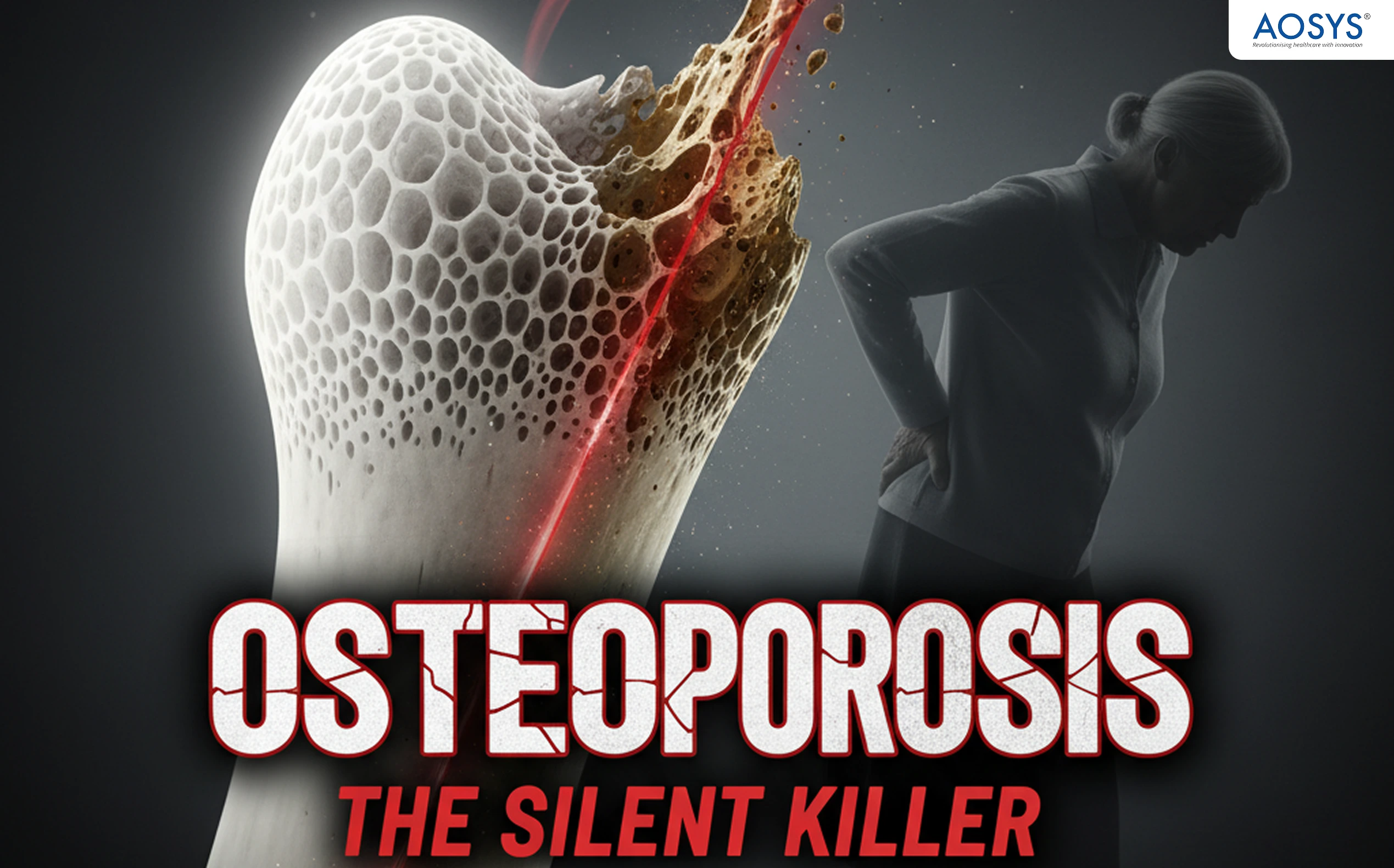 A microscope view of a porous bone (Osteoporosis) next to a healthy bone (or an image of a person with a stooped posture).