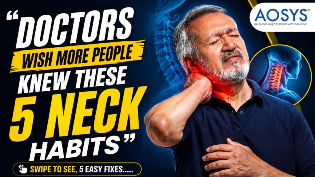 AOSYS healthcare thumbnail featuring an older man experiencing neck pain, with a highlighted cervical spine illustration and the message “Doctors Wish More People Knew These 5 Neck Habits.”