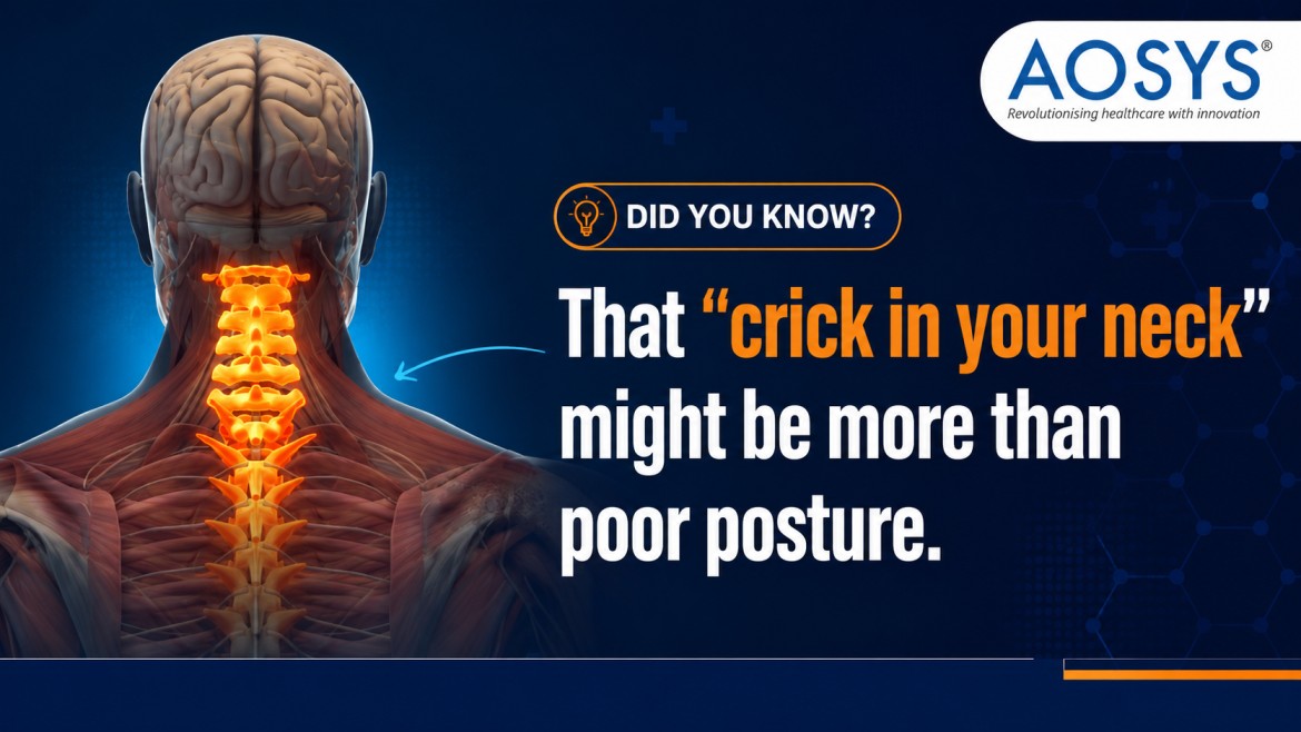 Medical infographic showing the human cervical spine with the message that a crick in the neck may indicate an underlying cervical spine condition rather than poor posture. Caption: