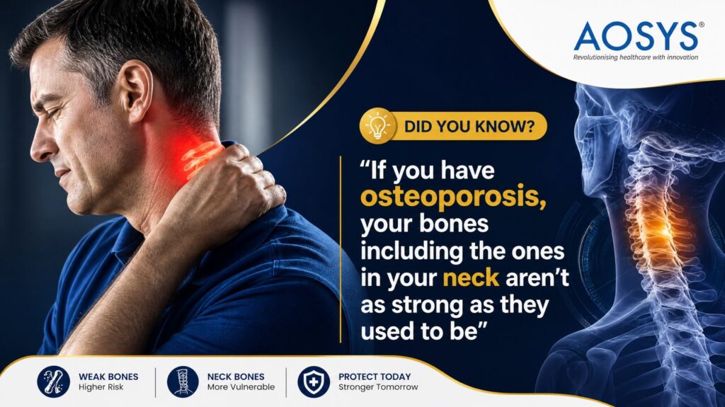Professional medical awareness thumbnail showing a person experiencing neck pain with the message that osteoporosis can weaken the bones of the neck. Designed by AOSYS to educate healthcare professionals and the public about bone health and cervical spine awareness.