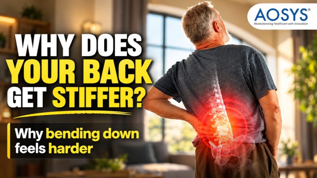 Older man experiencing lower back stiffness with highlighted spinal area, illustrating why bending down may feel harder with age.
